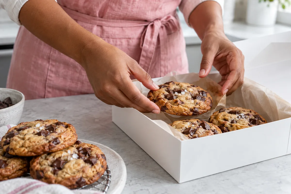 A home baker carefully packing chocolate chip cookies into a bakery box.
