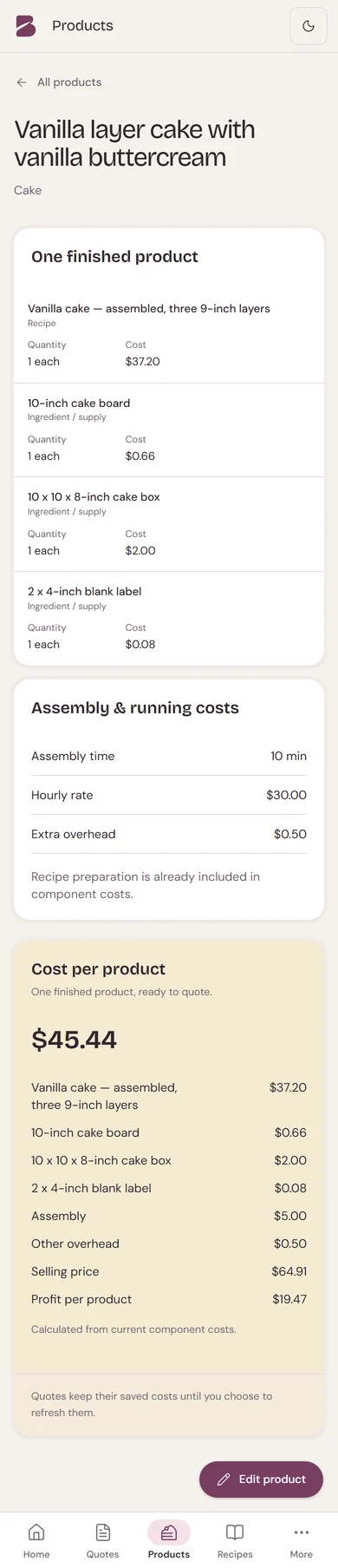Bakehop Local's mobile product overview for a vanilla cake: recipe and packaging components, 10 minutes of assembly, $45.44 total cost, $64.91 selling price and $19.47 profit.